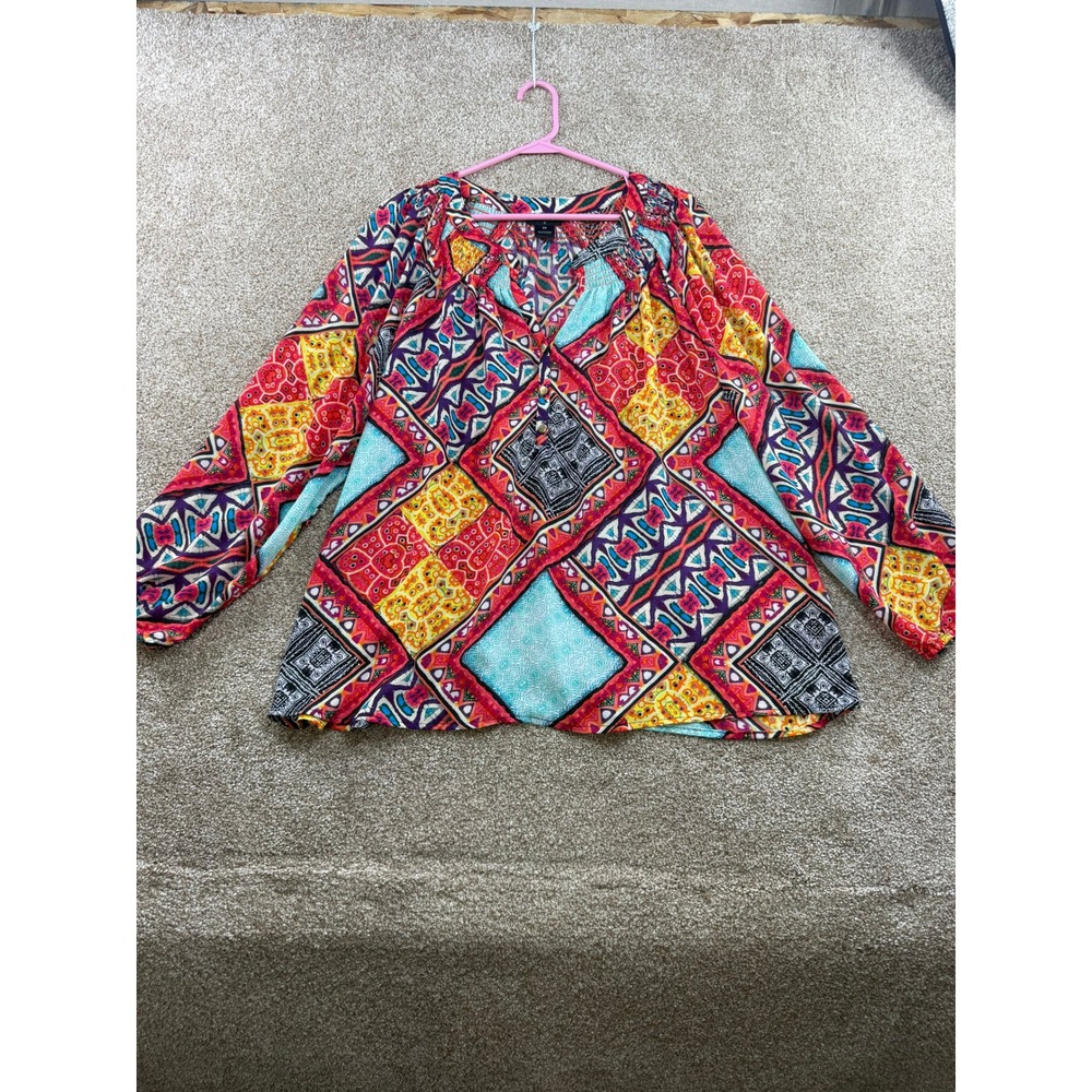 Investments II Womens 2X Geometric Patchwork Smocked Peasant Blouse Mod Boho XXL